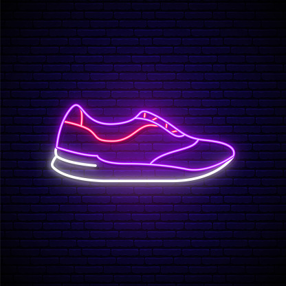 Trainers neon sign. Stylish footwear design for sports workout. Glowing neon sneaker icon. Stock vector illustration.