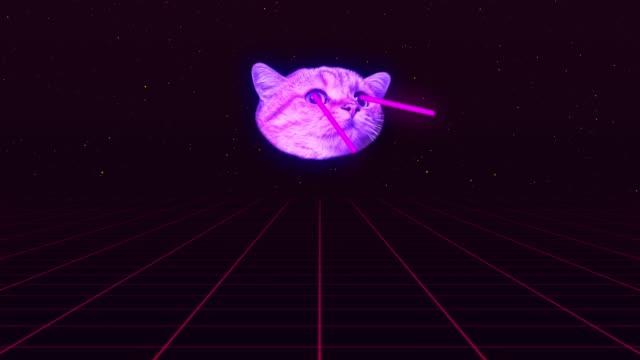 Video animation with cat face on grid is shooting a laser out of his eyes.