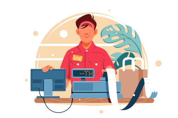 Young smiling man cash register at the workplace in supermarket. Young smiling man cash register at the workplace in supermarket, shop. Concept funny male employee cashier, worker using modern technology at workspace. Vector illustration. grocery store cashier stock illustrations