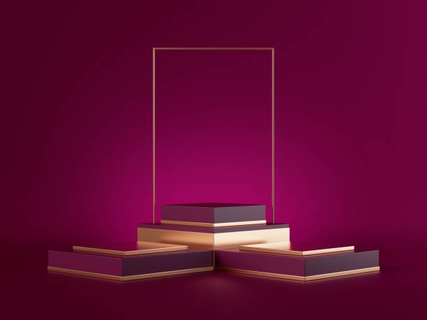 istock 3d render, abstract pink minimal background with golden decor elements. Empty stage, vacant pedestal, fashion podium, showcase stand, product display platform. Premium advertisement blank mockup 1247114147