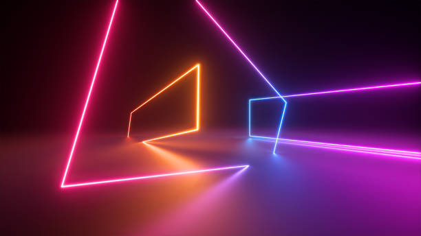 istock 3d render, abstract neon geometric background. Stage laser show illumination. Colorful rectangular shapes, square frames, virtual reality. Glowing neon lines. Minimal futuristic design 1247114154