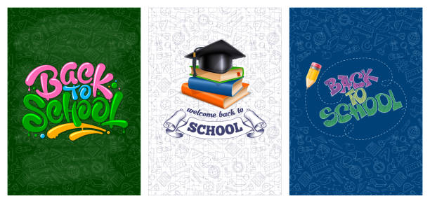 Back To School Backgrounds Set Back to school backgrounds set with color emblems consisting of calligraphy lettering, stack of books, magisters cap, pencil. Pattern with different school supplies on backdrop. Vector illustration. education backgrounds stock illustrations