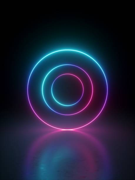 istock 3d render, abstract geometric background with multiple rings over black, glowing lines, neon light gradient. 1247116269