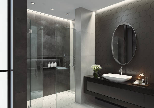 Modern black and white bathroom with hexagonal tiles