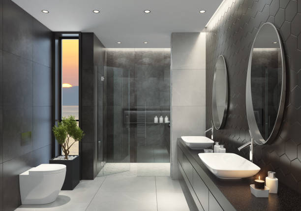 istock Modern black and white bathroom with hexagonal tiles in the sunset. 1247124518