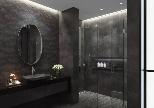 istock Modern full black bathroom with hexagonal tiles 1247124959