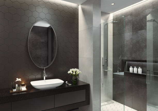 istock Modern black and white bathroom with hexagonal tiles 1247125470