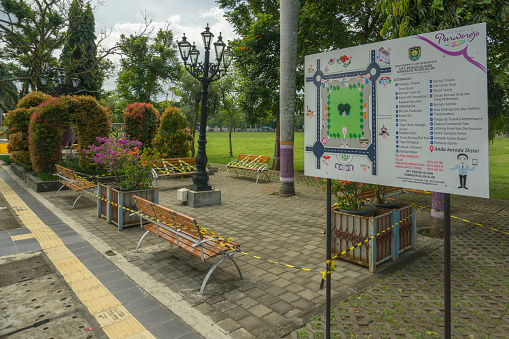 Central Java, Indonesia - June 06, 2020: The quiet atmosphere in Purworejo square because it was still closed even though the Indonesian government was easing large-scale social restrictions and making the transition to a new normal life.