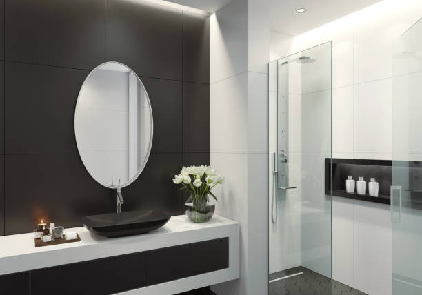 istock Modern black and white bathroom with oval mirror 1247127330