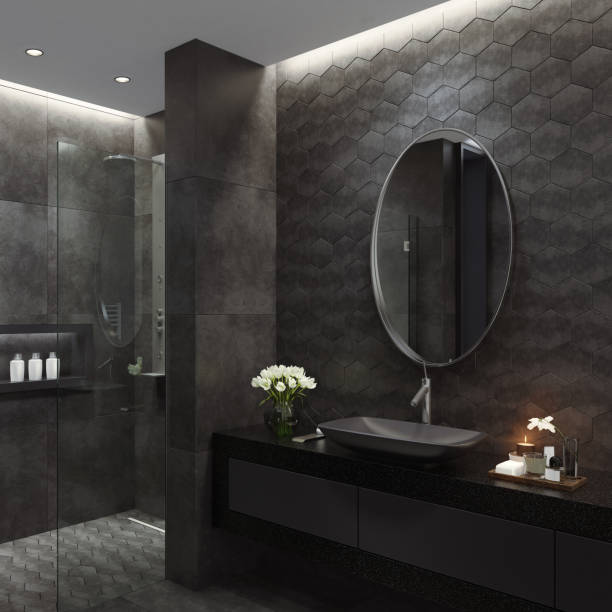 istock Modern full black bathroom with hexagonal tiles 1247131838