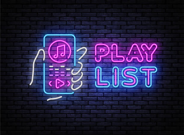 ilustrações de stock, clip art, desenhos animados e ícones de playlist neon sign vector. music playlist neon poster, design template, modern trend design, night signboard, night bright advertising, light banner, light art. vector illustration - mp3 player