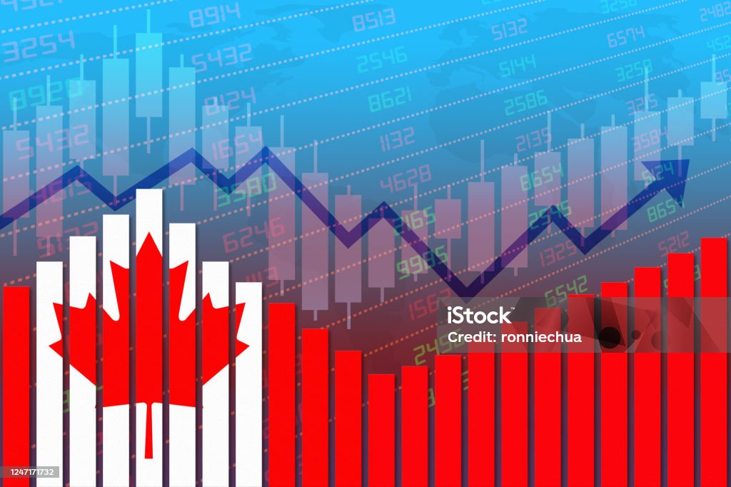 Canada Economy Improves and Returns to Normal After Crisis Canada flag on bar chart concept of economic recovery and business improving after crisis such as Covid-19 or other catastrophe as economy and businesses reopen again. Canada Stock Photo