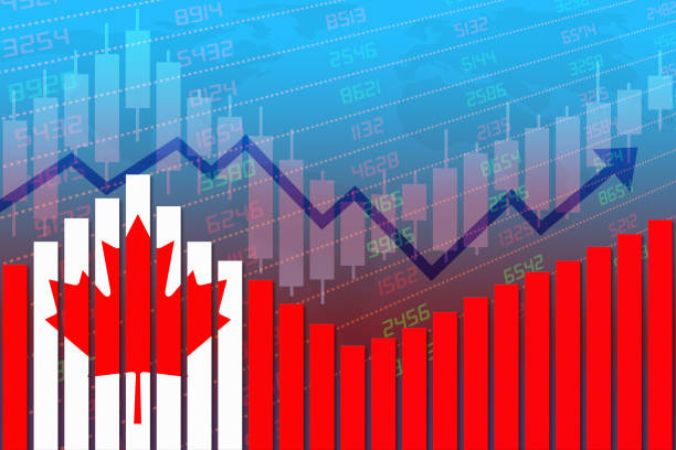 Canada Economy Improves and Returns to Normal After Crisis Canada flag on bar chart concept of economic recovery and business improving after crisis such as Covid-19 or other catastrophe as economy and businesses reopen again. inflation economics photos stock pictures, royalty-free photos & images