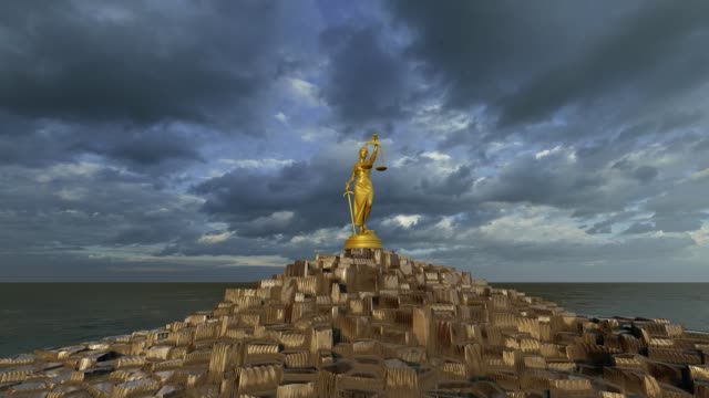 Lady of Justice towering pile of gold