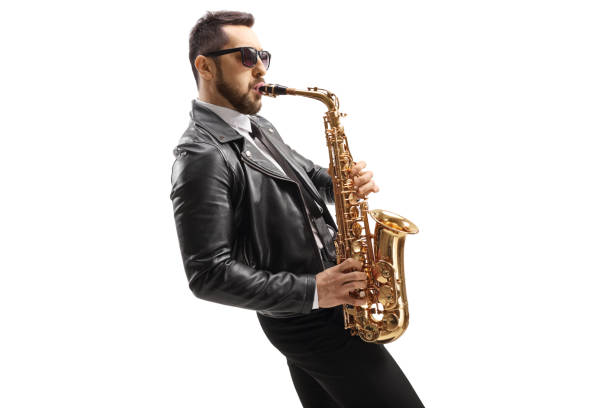 istock Male musician in a leather jacket playing a saxophone 1247202179