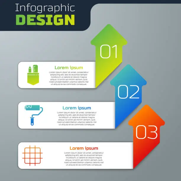 Vector illustration of Set Crossed ruler and pencil, Paint roller brush and Grid graph paper. Business infographic template. Vector