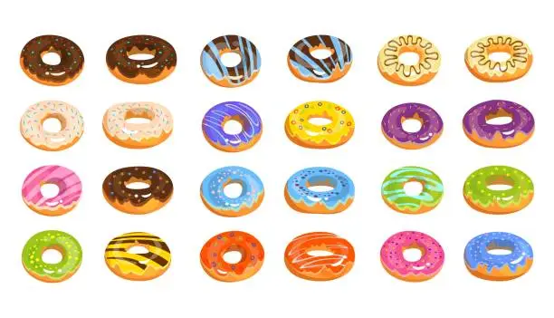 Vector illustration of Vector donuts isolated on white background in cartoon style. Delicious doughnuts with chocolate, lemon, pink, violet, blue and orange glaze. Tasty fast food vector illustration