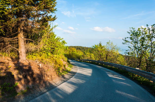istock Mountain road in the forest with a blue sky on the background 1247235350