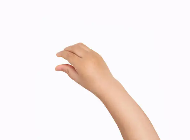 Studio shot of a boy hand hanging something blank isolated on a white background