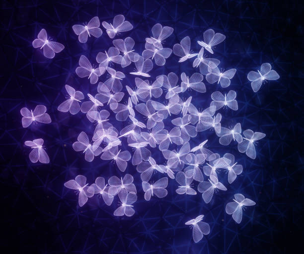 istock Flock of neon polygonal butterflies on the web. Wireframe technology structure. Glowing polygonal geometric structure. For web site, poster, placard and wallpaper. 3d illustration 1247250186