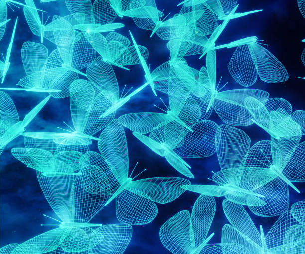 istock Flock of blue neon polygonal butterflies consisting of lines. Wireframe technology structure. Glowing polygonal geometric structure. For web site, poster, placard and wallpaper. 3d illustration 1247250196