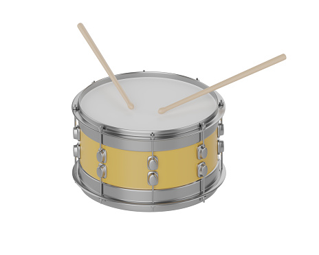 Yellow snare drum and drumsticks on white isolated background. 3d illustration