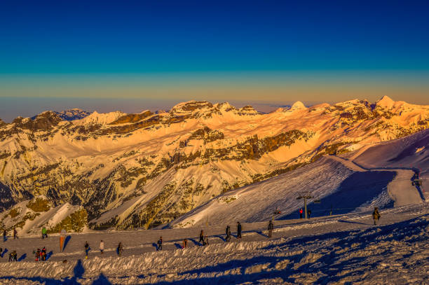 mount or mt titlis in swiss switzerland near engelberg  during golden hour - canton obwalden imagens e fotografias de stock