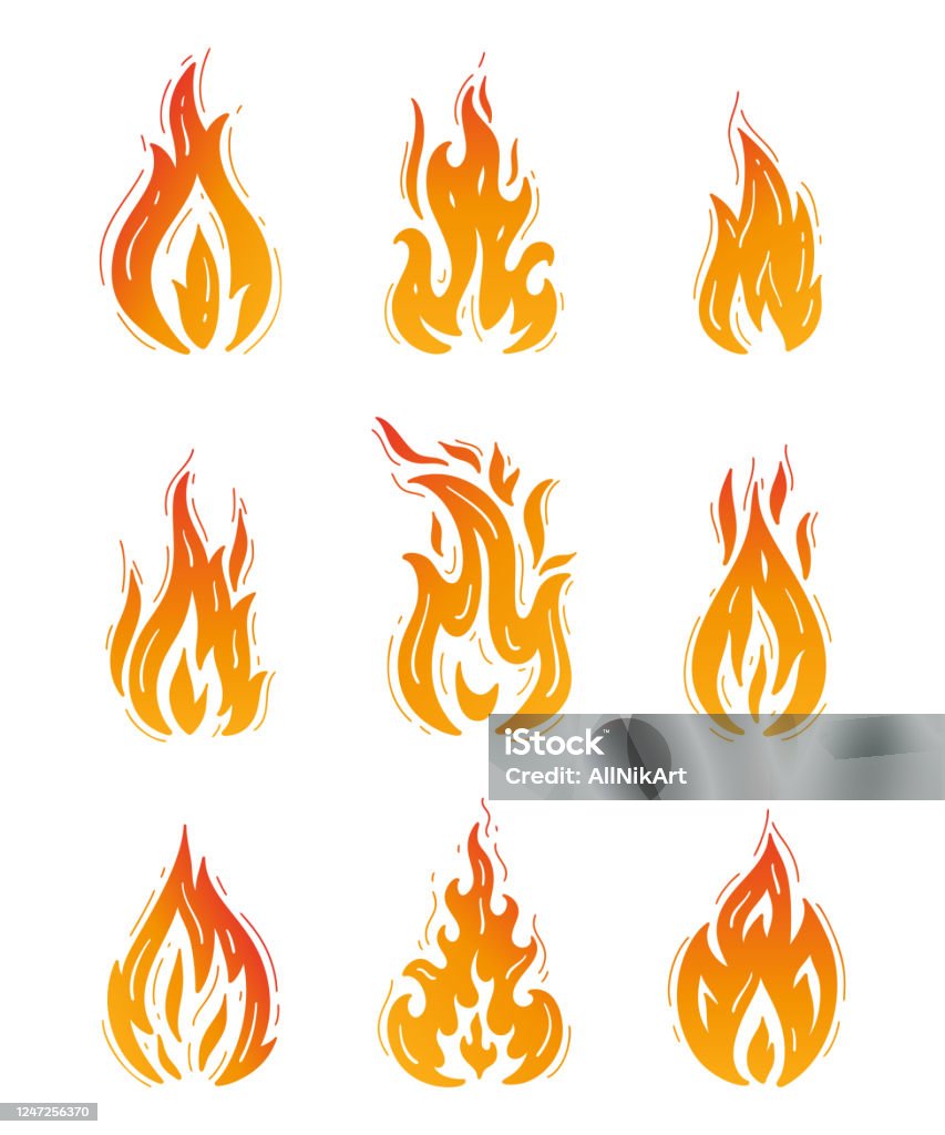 Doodle Api Api Api Api Ikon Vektor Set Tangan Digambar Doodle Api Api Tato Siluet ...