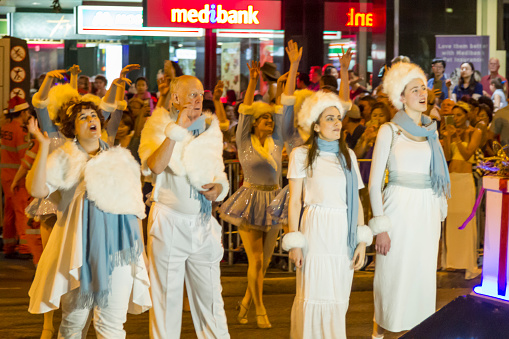 December 14, 2019 - Brisbane, Queensland, Australia: A group of Christmas characters in a public parade in downtown Brisbane.\n\nLot of people came to see colourful sets of floats, bands, dancers, clowns and Father Christmas