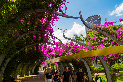 April 26, 2019 - Brisbane, Queensland, Australia: People enjoying and walking in a hot fall day in the garden at Southbank Station Parks.