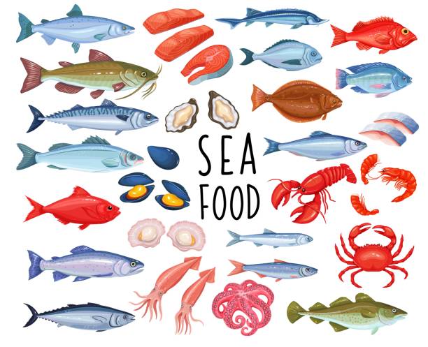 stockillustraties, clipart, cartoons en iconen met de pictogrammen van zeevruchten en van vissen - squid games