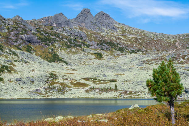 istock lake under rock ridge, autumn hiking in mountain valley 1247280112