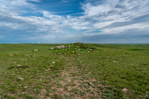 Sundial Hill Medicine Wheel in south eastern Alberta. The Sundial Hill Medicine Wheel is a religious site constructed by indigenous people of the planes. This site may be thousands of years old.