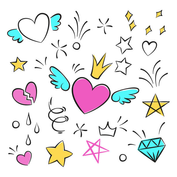 illustrazioni stock, clip art, cartoni animati e icone di tendenza di adesivi per ragazze incastonati con stella, diamante, corona, cuore con le ali. - valentines day heart shape backgrounds star shape