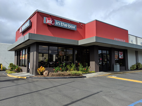 Honolulu -  March 6, 2019: Jack in the Box Restaurant Kapahulu. Jack in the Box is an American fast-food restaurant chain with 2,200 locations, serving the West Coast of the United States.