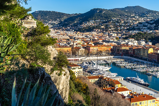The Port of Nice viewed from the viewpoint of Colline du Chateau in a beautiful sunny day, France