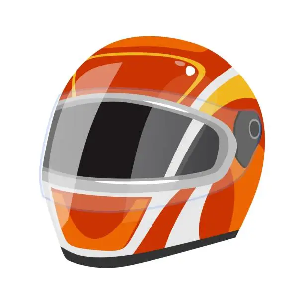 Vector illustration of Racing helmet icon isolated on white background. Red sport safety helmet with white stripes in cartoon style. Vector illustration