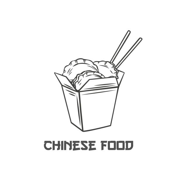Dumplings in chinese carton box Dumplings in chinese carton box with chopsticks outline icon for chunese menu restaurant or cafe design. chinese takeout stock illustrations