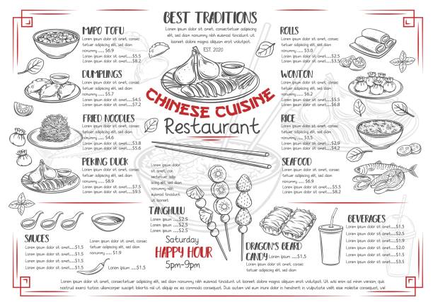 Chinese cuisine menu Menu chinese cuisine restaurant outline design. Asian food engraved vector illustration. Peking duck, dumplings, wonton, fried noodles and rolls. Mapo tofu, rice, Dragon's beard candy and tanghulu. chinese food stock illustrations