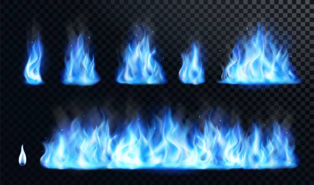 Blue fire flame realistic set Blue fire flame realistic set. Flare bonfire bright small and big fiery elements, natural gas burning. Vector illustration. blue flames stock illustrations