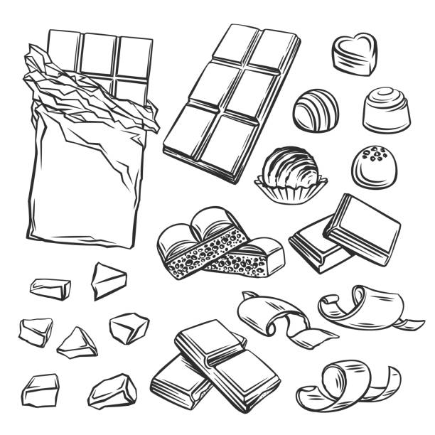 Different kinds of chocolate Different kinds of chocolate vector illustration. Drawn chocolate bars, candies, chips and porous. chocolate stock illustrations