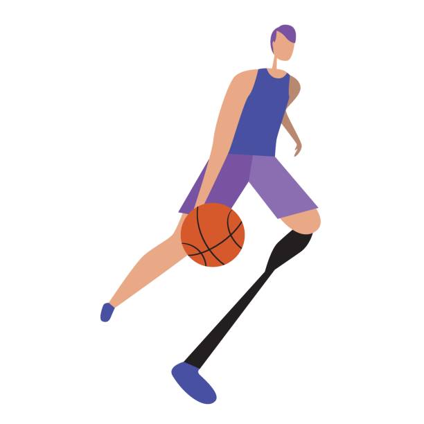 ilustrações, clipart, desenhos animados e ícones de homem europeu com uma perna protética jogando basquete isolado em fundo branco, ilustração de estoque de vetor plano com personagem de desenho animado como um conceito de esporte e deficiência - paralytic