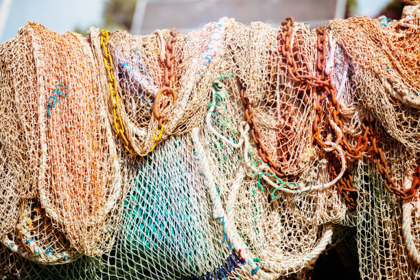 istock Fisherman nets drying on closeup view near sea 1247388699
