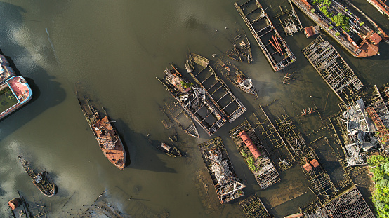 Staten Island Boat Graveyard. Aerial drone photo.