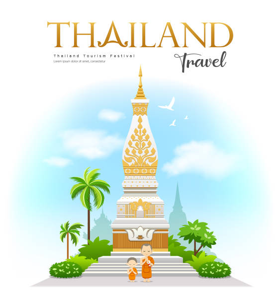 왓 프라 그 파놈, 나콘 파놈 주, 태국 의 아름다운 거룩한 장소 - thailand thai culture travel buddha stock illustrations