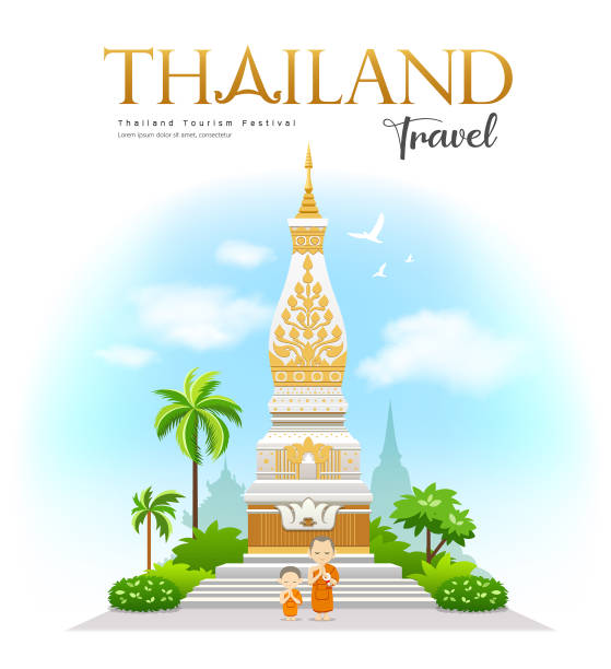 wat phra that phanom, провинция накхон фаном, красивое святое место таиланда - wat blue ancient old stock illustrations