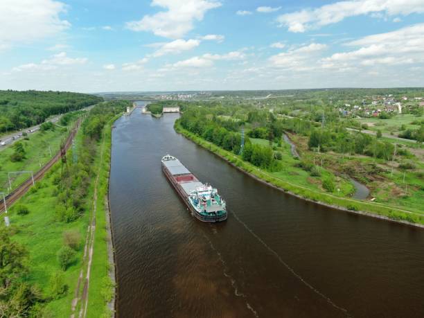 istock Beautiful panoramic landscape from high altitude cargo commercial ship sails down river surrounded by green forest in summer with sunny day 1247527265