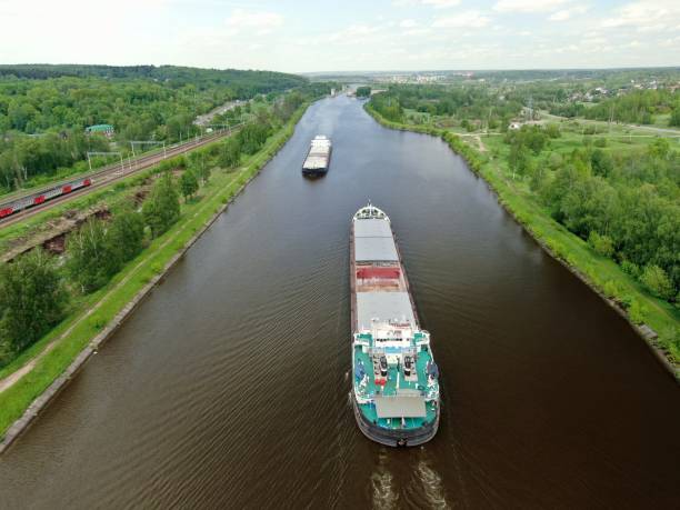 istock Beautiful panoramic landscape from high altitude two cargo commercial ships sail down the river on counter courses surrounded by green forest in summer with a sunny day 1247530510