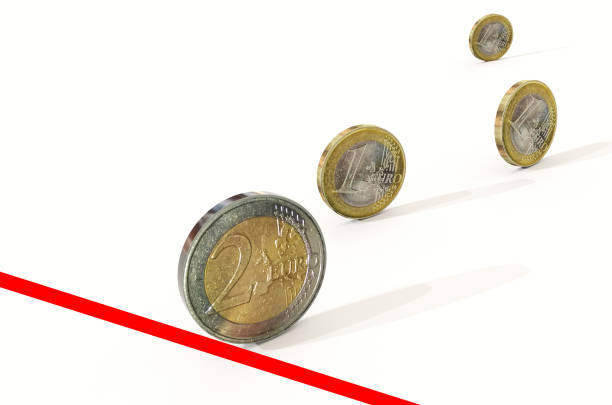coins roll downhil euro falling prices sales lowering decline crisis red end line, - 3d rendering