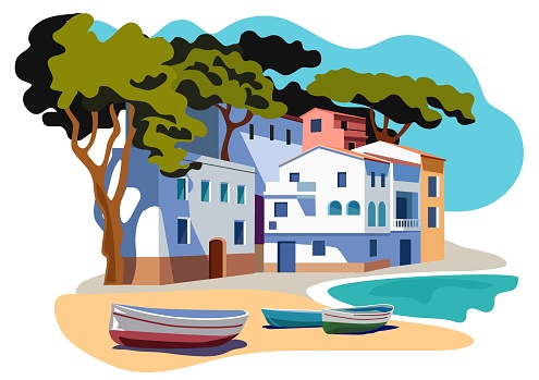 beautiful spanish coast village with fishing boats and pines flat style vector illustration